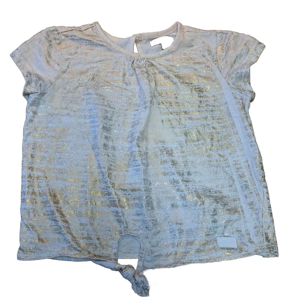 7 For All Mankind Top Shirt Ivory Cream Short Sleeve Gold Shiny Knot Girls Sz 6
